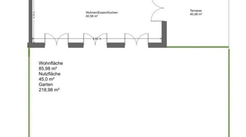 Grundriss der Wohnung 1 mit Flächenangaben: Wohnfläche 85,98 m², Garten 218,98 m², Terrasse 40,48 m².