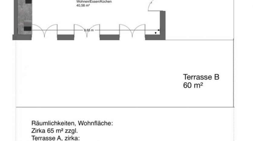 Grundriss einer Wohnung mit zwei Terrassen (A: 40,48 m², B: 60 m²) und Garten (218,98 m²). Wohnfläche etwa 115,24 m².