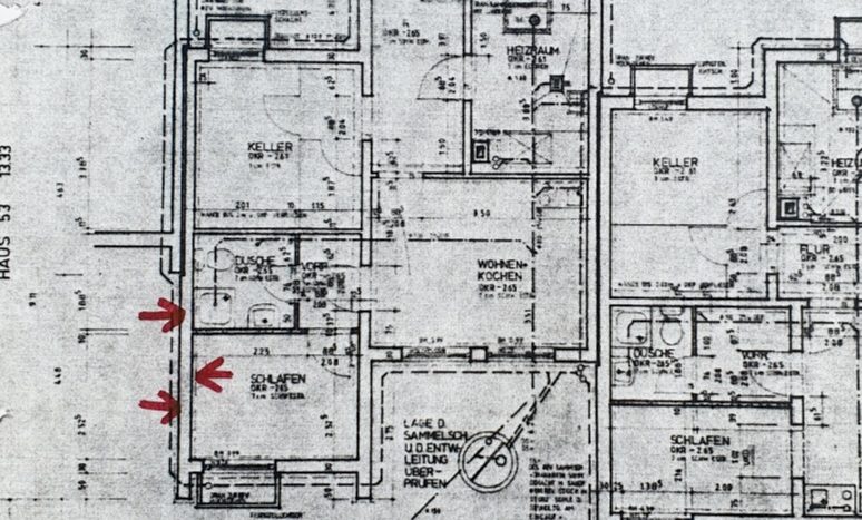Grundriss einer Einlegerwohnung mit Räumen wie Schlafzimmer, Dusche, Keller und Wohnküche, Maßstab 1:100.
