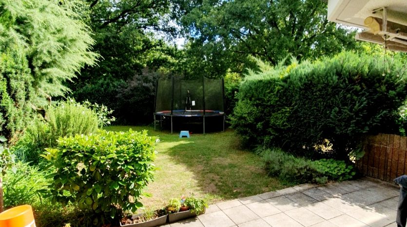 Blick in einen Garten mit Trampolin, umgeben von Bäumen und Sträuchern, gepflasterter Terrasse im Vordergrund.