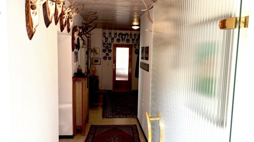 Flur mit zahlreichen Geweihen an der Wand, Holzschrank, Teppich und Glastür im Hintergrund.