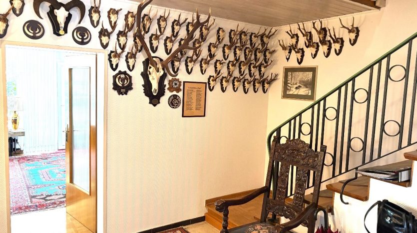 Flur mit Jagdtrophäen an der Wand, Treppe im Hintergrund, antiker Stuhl und Teppichboden sichtbar.