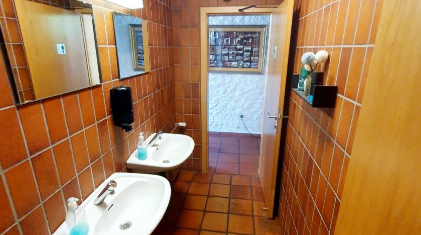 Badezimmer mit zwei Waschbecken, braunen Fliesen, Spiegeln und einer Holz-Tür. Hygienemittel sind sichtbar.