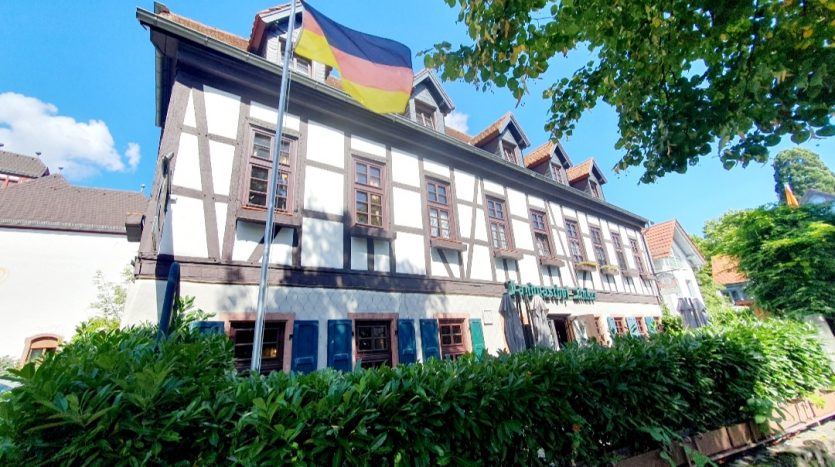 Fachwerkhaus mit deutscher Flagge, umgeben von grünen Büschen und strahlend blauem Himmel.